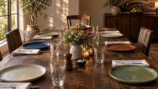 A long dark oak table laid with mismatched ceramic plates, linen napkins, glasses and candles, a steaming dish at the far end in front of an empty chair, warm window light.
