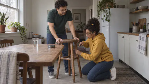 A tall man with round glasses and a chin beard in a green t-shirt holds a wobbly wooden stool steady with both hands while a woman with round tortoiseshell glasses and a curly black bun in a mustard hoodie kneels beside it tightening a screw in a leg with a small screwdriver.