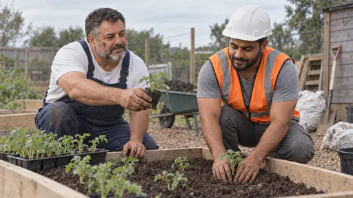 A stocky grey-bearded man in dark blue overalls hands a small seedling across a filled pale pine raised bed to a broad young man in a white hard hat and orange vest who presses it into the soil, a tray of green seedlings between them in soft overcast light.