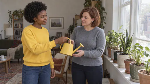 A young woman with a short natural afro in a bright yellow sweatshirt holds out a small plain yellow watering can to a white woman with a chin-length auburn bob in a heather-grey sweater who takes it with a nod beside a sunny windowsill of potted plants half already watered.
