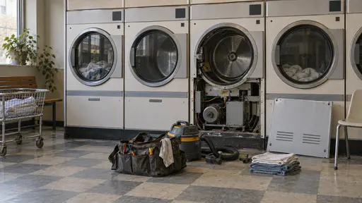 A row of large front-loading laundrette dryers stands with one dryer's lower service panel removed and set against the wall and a toolbag, a vacuum and a stack of folded cloths on the floor in warm light.