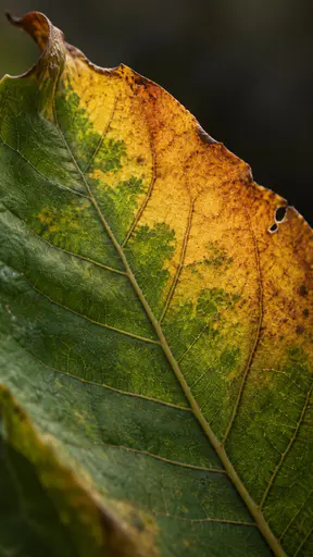 One dry green-and-amber leaf in diagonal macro crop has branching tissue islands, a curled edge and a small perforated tear on a dark blurred field.