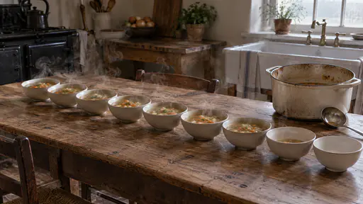 One large pot of soup stands at the head of a long scrubbed table beside a ladle with a row of plain bowls along the table running from steaming and full at the far end to the last one empty beside the nearly empty pot in warm kitchen light.