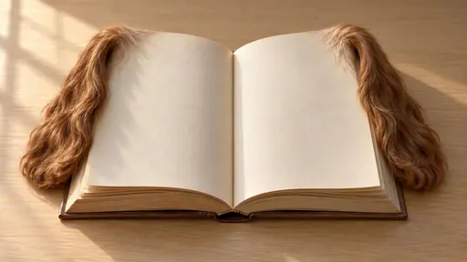 Dog-eared pages: an open hardcover book lies face-up on a pale wooden desk, two long soft spaniel ears growing from the upper corners of its pages, one rooted at each corner, each ear folded down along the outer page edge like an oversized dog-eared corner. Soft window light rakes across the…