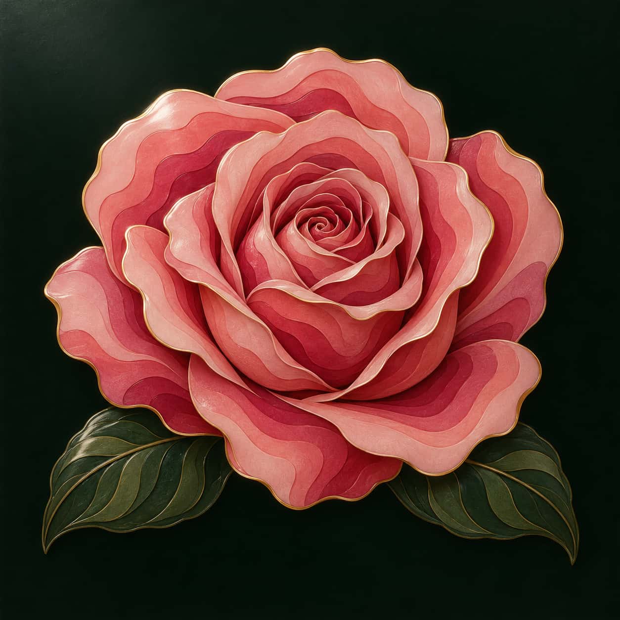 A full blown pink rose with spiralling layers of petals opens from a tight centre above two dark leaves on a deep black green ground in cut lacquer.