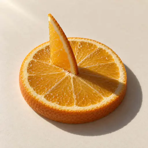 A wedge of orange stands upright in the center of a circular orange slice and casts a narrow shadow over its radial segments.