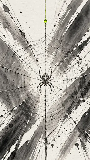 An orb weaving spider hangs at the centre of a large radial web in grey ink and dry brush strokes with flying ink flecks and a single neon lime dewdrop.