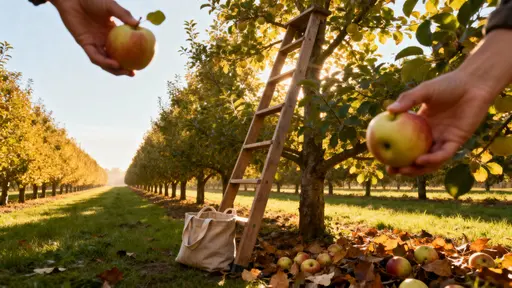 A tidy orchard row glows honey-gold as warm amber light wraps translucent leaves and crisp apple skin, with hands picking fruit, a leaning ladder, tote, and clear sky patch for text.