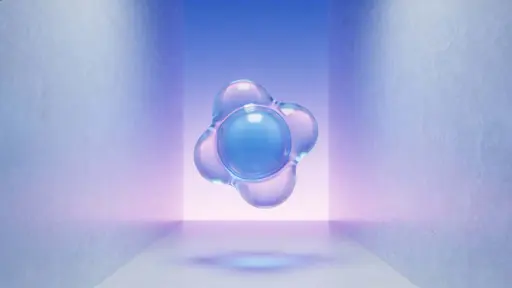A minimal, clean 3D scene showing a single organic jelly-like blob with a smooth, soft blue–purple gradient and subtle inner glow, gently floating against a spacious dark backdrop.