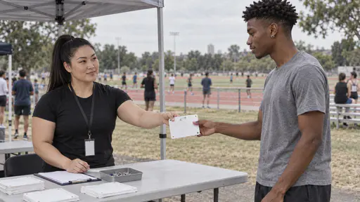 A powerfully built woman with a thick black high ponytail in a black athletic top and lanyard hands a blank white bib with a safety pin across a trestle table to a tall lean young man with a coily twist-out in a grey t-shirt at a community sports field with a gazebo behind.