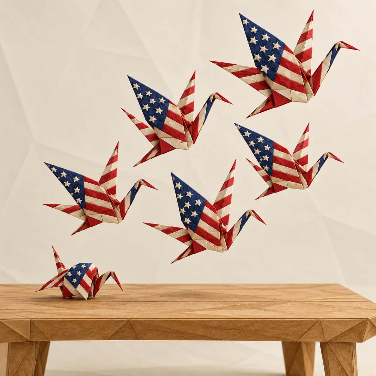 Flock of origami cranes in flag paper with cantons on wings lifting off a table. Thirteen stripes and a neat canton stand pure.
