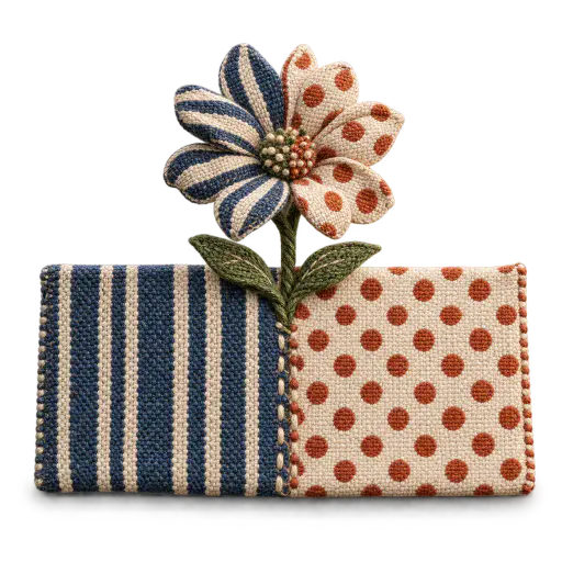 Originality grows at the seams — two woven fabric panels, one striped and one dotted, are sewn edge to edge, and a single hybrid flower rises from their stitched seam with striped petals on one side and dotted petals on the other meeting in one center, picturing the meaning of originality: something new emerging where different influences meet.