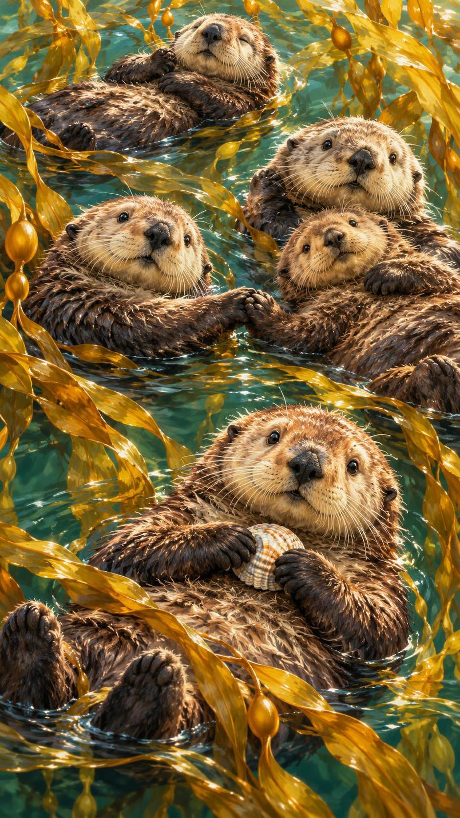 A group of sea otters floats on their backs among tall golden kelp in calm green water with one otter holding a shell on its chest.