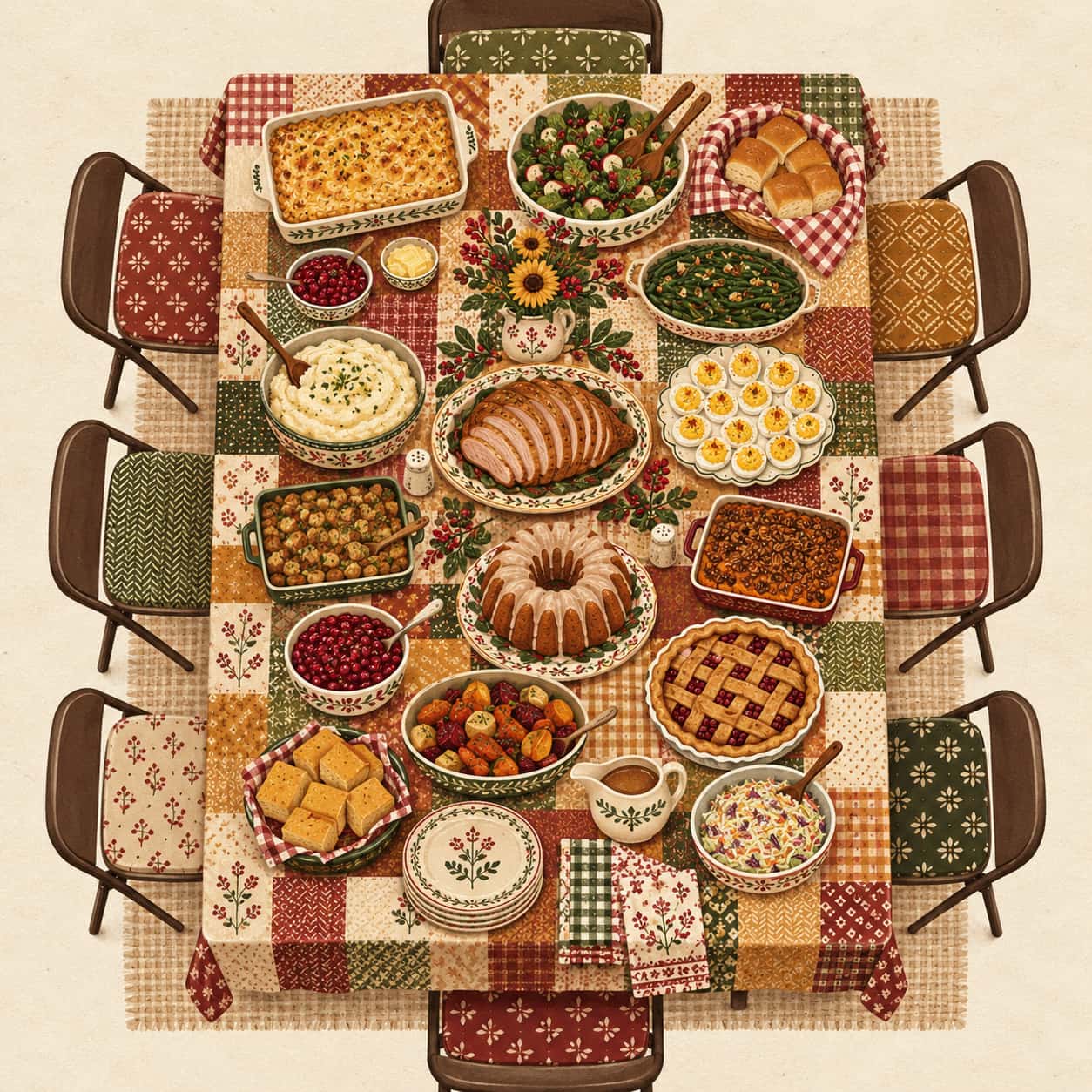 A church fellowship potluck table seen from above is built as a folk patchwork of mismatched casserole dishes, checked towels, serving spoons and plates in warm earthy colours.