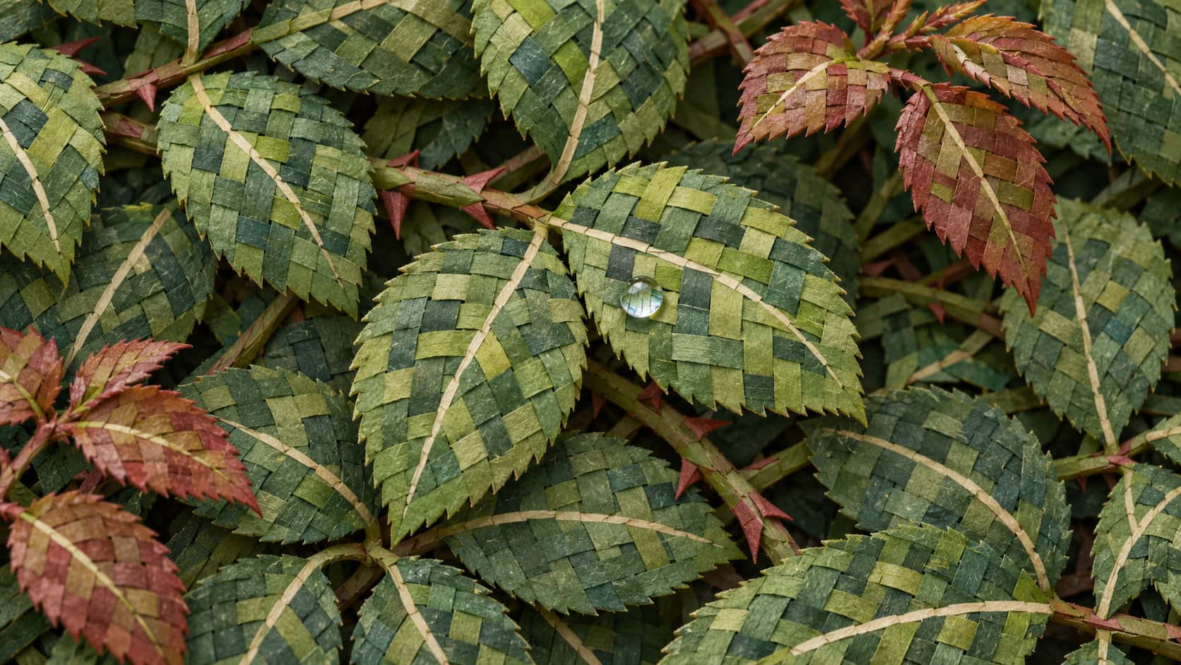 A dense spread of glossy compound rose leaves in many greens with red bronze new leaves and a single dew drop in woven paper strips.