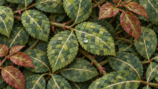 A dense spread of glossy compound rose leaves in many greens with red bronze new leaves and a single dew drop in woven paper strips.