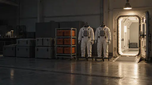 Packed grey equipment cases, a steel rack of orange sample containers and two plain white flight suits on stands wait in a line beside a lit hatch door under a single warm hanging lamp in a dark quiet mission preparation hall at night.