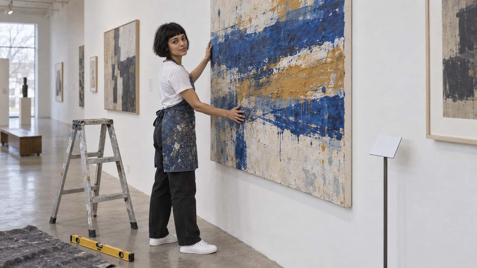 A woman with light brown skin, a short black bob with a fringe and a gold nostril stud in a paint-splashed denim apron adjusts her large abstract canvas of ultramarine and ochre bands on a white wall in a bright community hall beside a stepladder and a spirit level on the floor.