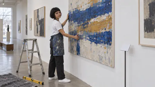 A woman with light brown skin, a short black bob with a fringe and a gold nostril stud in a paint-splashed denim apron adjusts her large abstract canvas of ultramarine and ochre bands on a white wall in a bright community hall beside a stepladder and a spirit level on the floor.