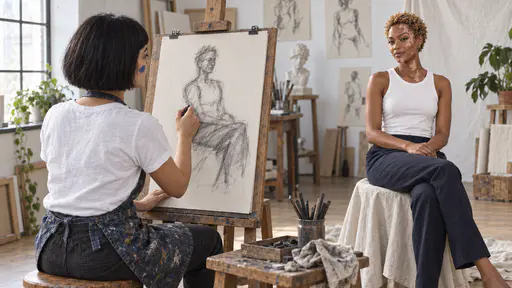 A young woman with a short black bob in a paint-splashed denim apron sketches with charcoal on a large pad at an easel while a tall woman with short honey-blonde curls in a white sleeveless top sits posed on a draped stool in a bright studio with a tall window.