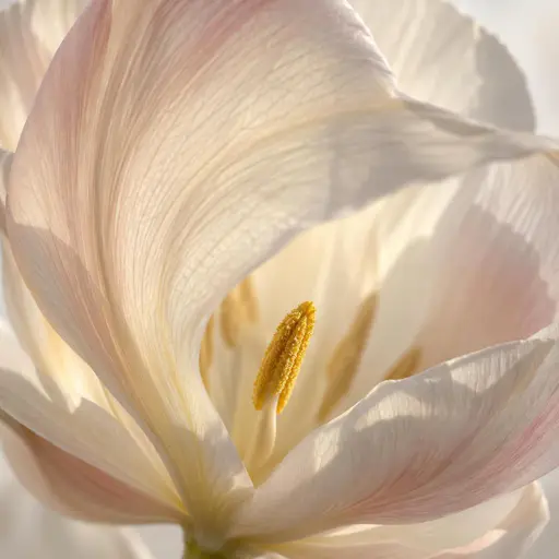 A pale cream bloom sitting low in a square frame, photographed through one of its own translucent petals sweeping a broad glowing crescent across the foreground, the petal's base joining the same bloom while a single saffron anther below the centre stays tack sharp through the veil.