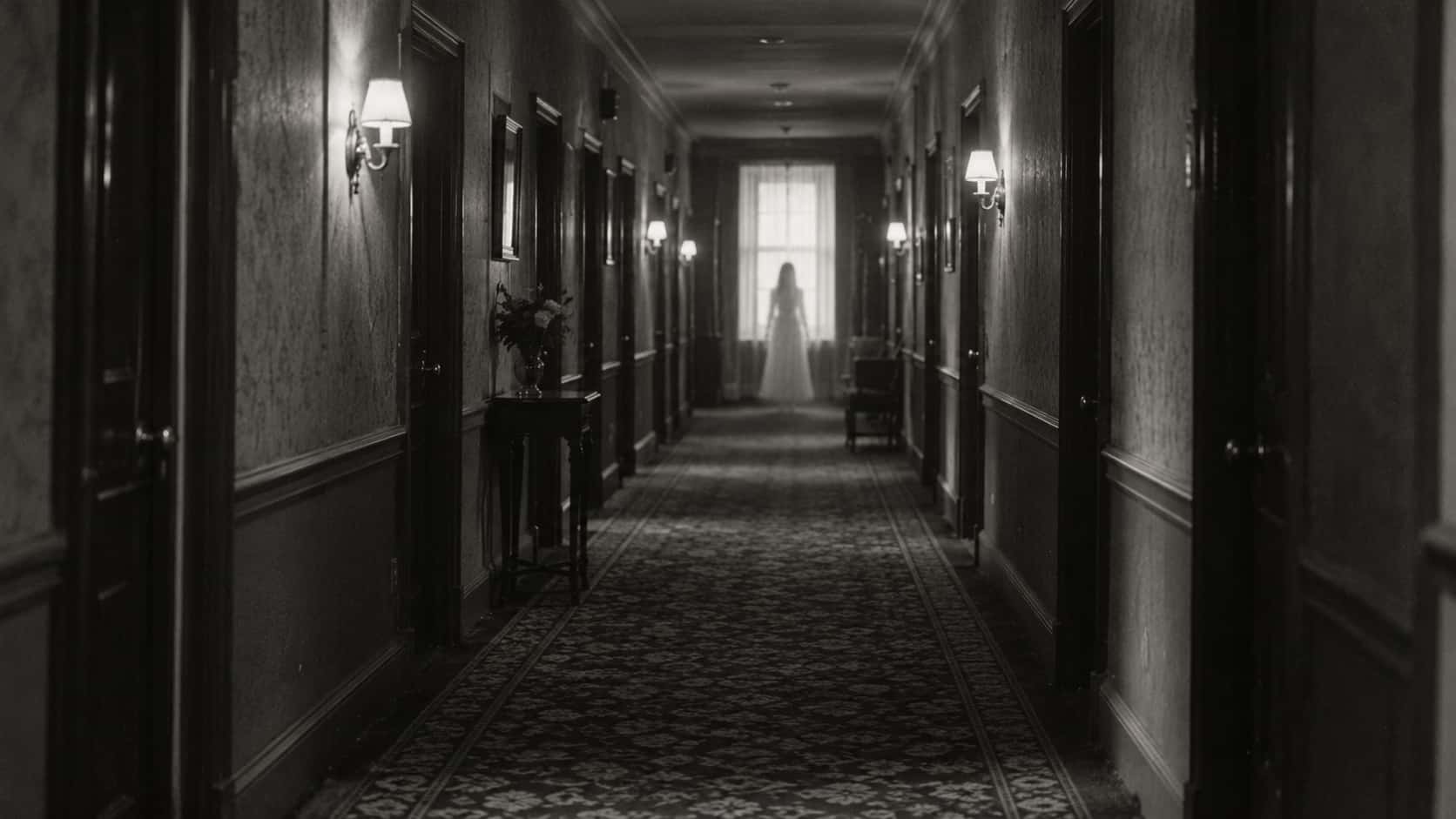 A translucent adult apparition in a long dress stands at the far end of a long empty hotel corridor in a black and white film photograph with raking sconce light and fine grain.