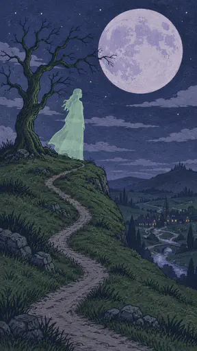 A translucent adult apparition in a long cloak stands on a moonlit grassy hilltop beside a twisted tree above distant village lights in a flat colour cartoon with soft linework.