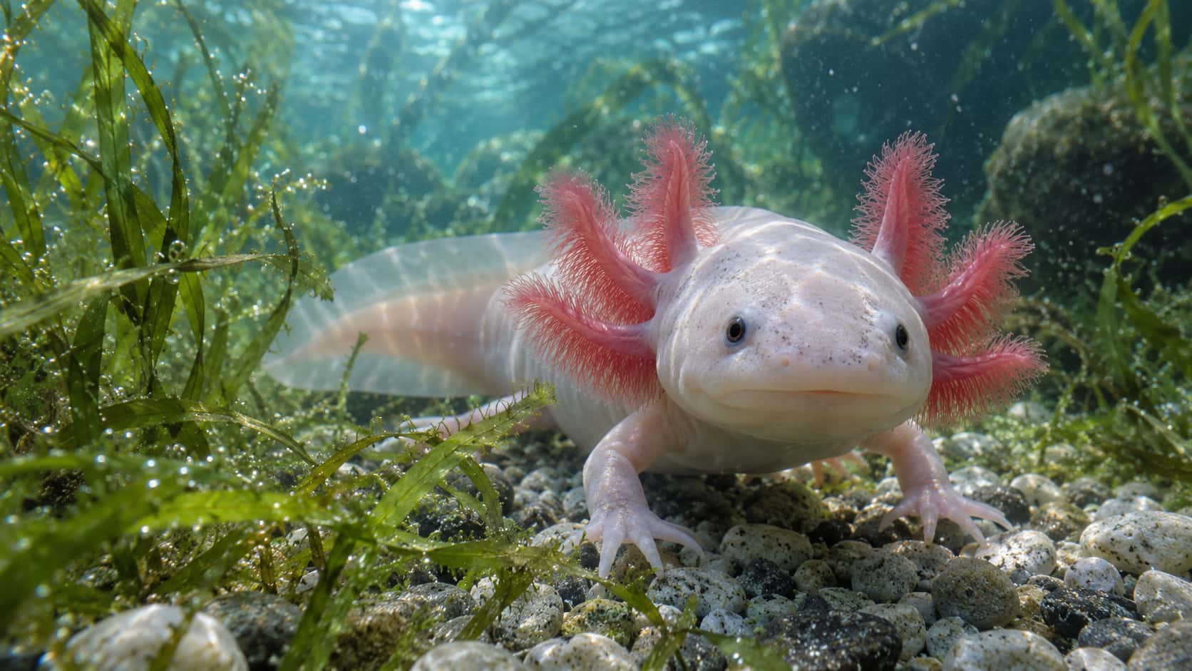 A pale pink axolotl with full feathery coral-red gills and small dark eyes rests among strands of green waterweed on pale gravel in clear shallow water, soft cyan light from above and drifting particles around it.