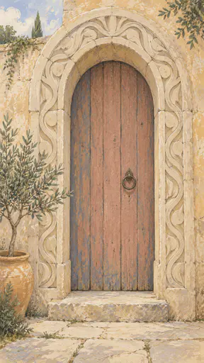 A tall pale stone archway in a courtyard wall has bands of flowing abstract carved curves up both pillars and around the arch beside a potted olive tree in soft gouache.