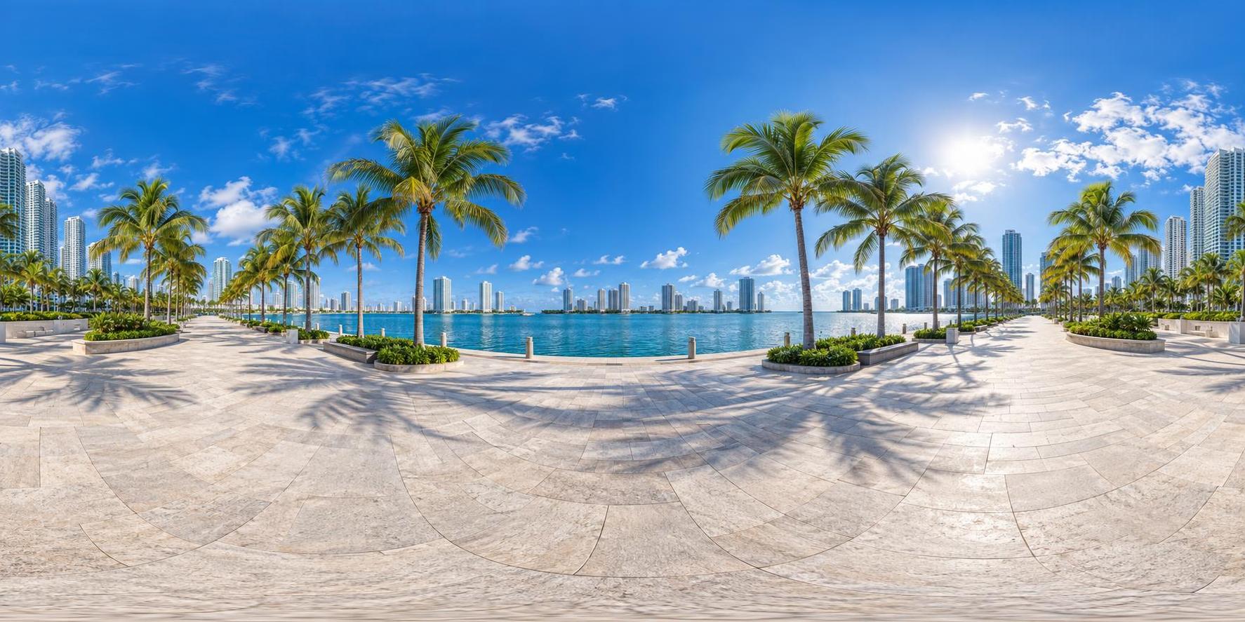 A full 360 degree equirectangular panorama from a paved plaza on a palm lined waterfront with a calm blue bay and a high rise glass skyline along the shore under a clear sky.