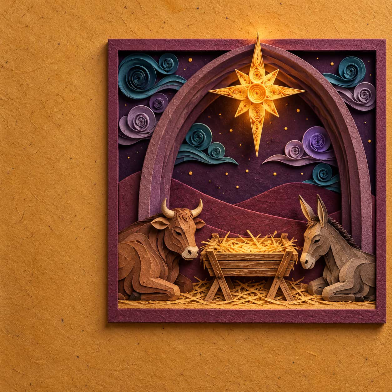An arched alcove of stacked paper holds an empty straw manger beside a paper ox and donkey with a quilled butter yellow star above in a deep plum night.