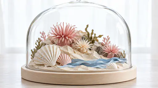 A ridge of pale paper sand with folded pink and cream paper anemones, ribbed paper scallop shells and a wavy blue paper tideline sits inside a clear round glass dome on a pale wooden base against a glowing backdrop.