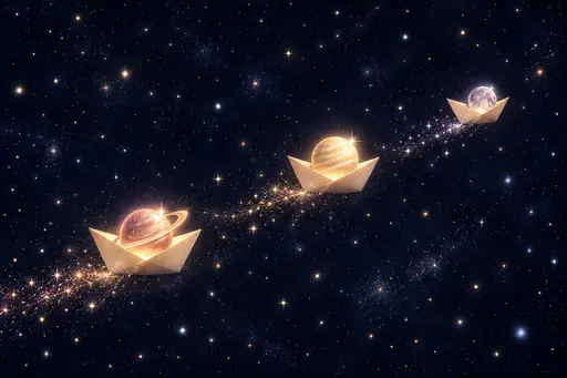 Tiny glowing paper boats drift across a deep indigo cosmic field, each carrying a small luminous planet like a lantern.