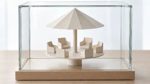 A flat round paper platform on a short central paper post carries six small folded paper seats around its edge under a paper canopy cone joined by a thin paper rod inside a clear rectangular glass display case on a pale wooden base.