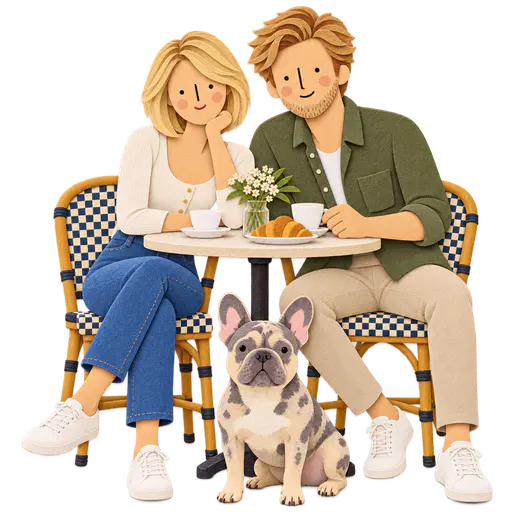 A layered paper-cut style couple sits on checkered cafe chairs around a table with cups, flowers and a croissant, with a spotted French bulldog in front.