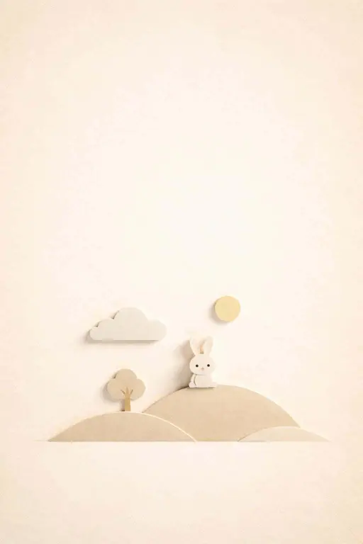 Portrait paper canvas with warm cream-to-beige wash and visible fibers, showing a minimalist paper-cut relief in the lower third with hill, cloud, sun, tiny tree, and bunny.