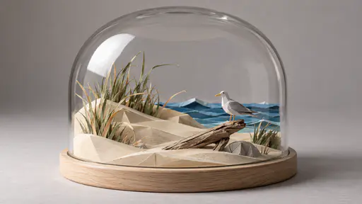 Pale sand-coloured paper dunes with curled paper grasses, folded blue paper waves and one small folded paper gull on a rolled paper stick sit inside a clear round glass dome on a pale wooden base.