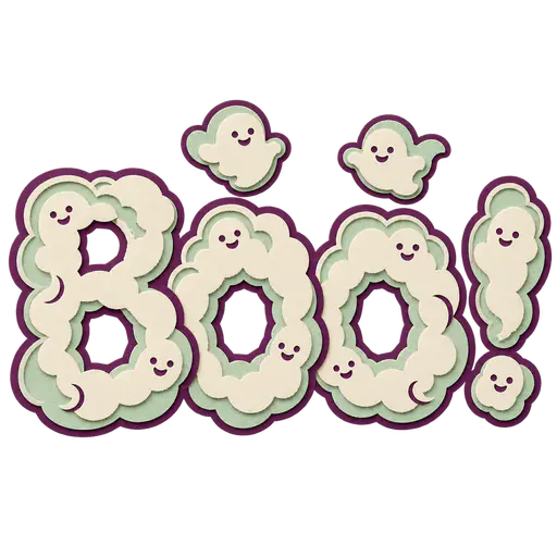 Layered cream and mint paper cloud letters spell BOO! with plum outlines and smiling ghost faces, with two floating ghosts above on transparency.