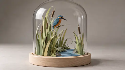 A small folded paper kingfisher perches on a tall slim cut paper reed in pale green leaning over a thin blue paper stream inside a clear round glass dome on a pale wooden base.