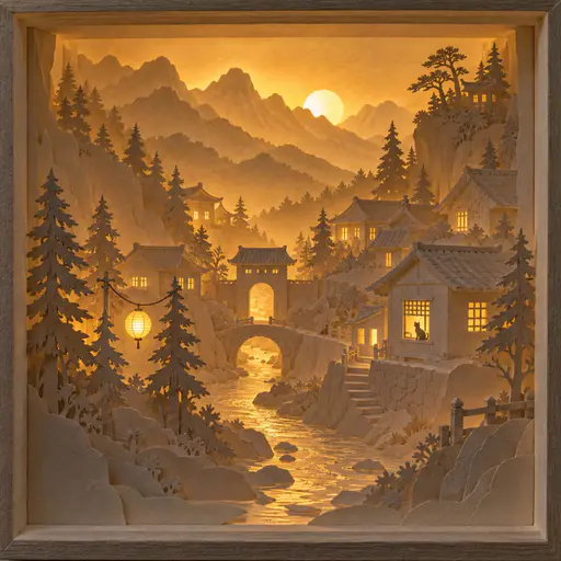 Layered cream-paper light box showing a mountain village at dusk, warm light through carved windows and a round lantern, a cat silhouette in one window.