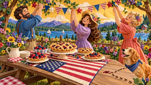 Adults hanging paper star garland over a picnic table with a flag quilt runner and pies. Thirteen stripes and a neat canton join the party.