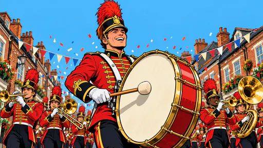 An adult drummer in a red marching jacket strikes a large bass drum before a row of adult brass players in plumed hats beneath bunting and confetti on a street parade in a bold inked comic cover drawing.