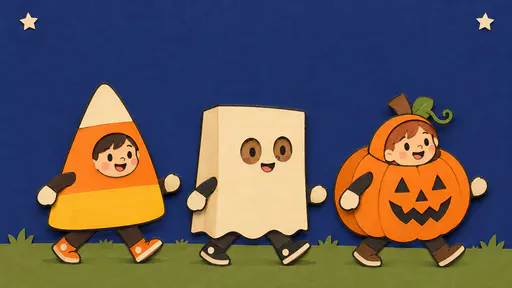 Layered cut-paper banner background for a kids' Halloween parade: three small children in a candy-corn triangle costume, a boxy ghost-sheet costume and a round pumpkin costume walk along the lower edge under a clear indigo sky kept empty for copy.