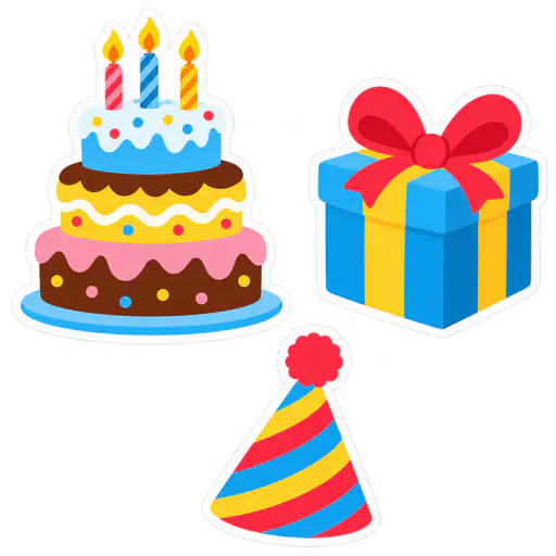 Three separate cartoon party stickers with white outlines on a transparent background: a three-tier cake with lit candles, a wrapped gift with a bow and a striped party hat with a pom-pom.