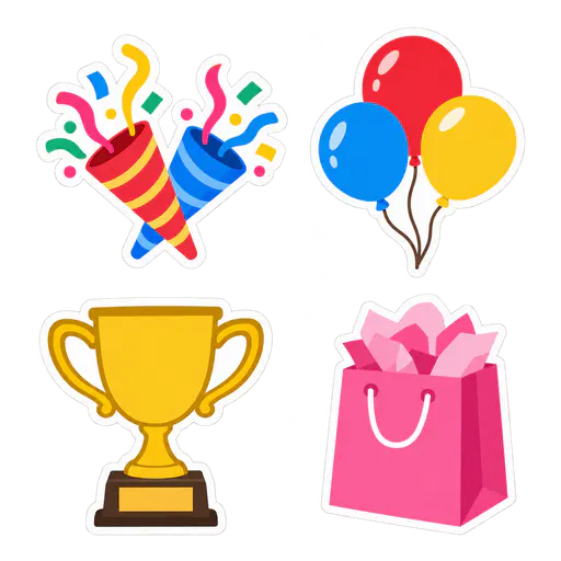 Four separate party stickers with white borders on a transparent background: crossed party poppers with streamers, three red, blue and yellow balloons, a gold trophy cup on a base and a pink gift bag with tissue paper.