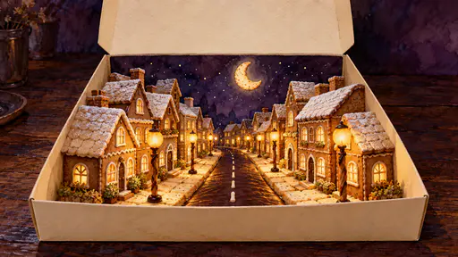 Watercolor illustration of an open cream pastry box on a dark counter; inside, a miniature moonlit street of gingerbread and shortbread buildings lines a chocolate lane lit by breadstick lamps beneath a floating crescent-moon cookie, the open lid's inside face blank and unprinted. A halloween bakery packaging illustration.