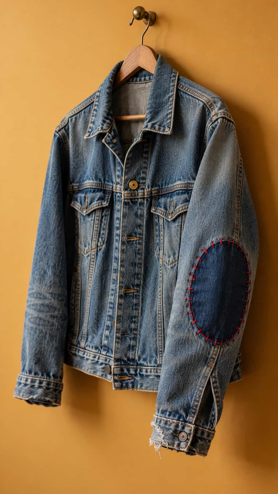 A faded blue denim jacket on a wooden hanger has an indigo elbow patch sewn on with bright red running stitches and a new brass button against a honey colored wall.