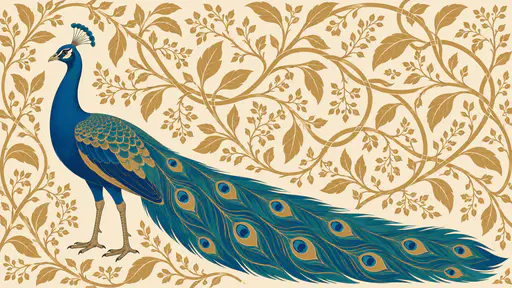 A male peacock stands in profile with a low spread train in teal and sapphire masses surrounded by an interlaced golden branching pattern with fine leaf infill on a deep cream ground.