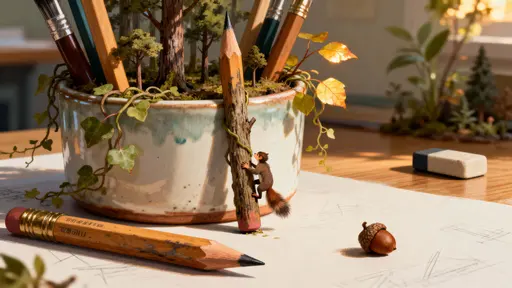 A desk pencil cup overflows with vines, tiny trees, and miniature animals while a small figure climbs a pencil like a tree trunk, creating a whimsical, intimate diorama of scale and discovery.