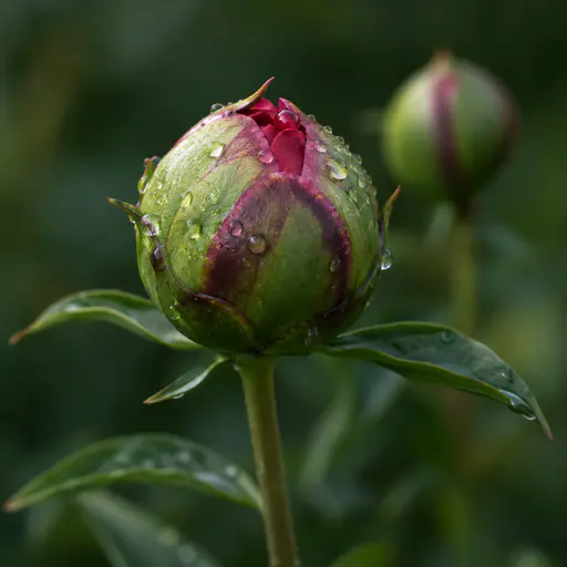 A single peony bud begins to open with green sepals streaked maroon, a seam of crimson petal at the tip and fine dew droplets in a macro photograph.